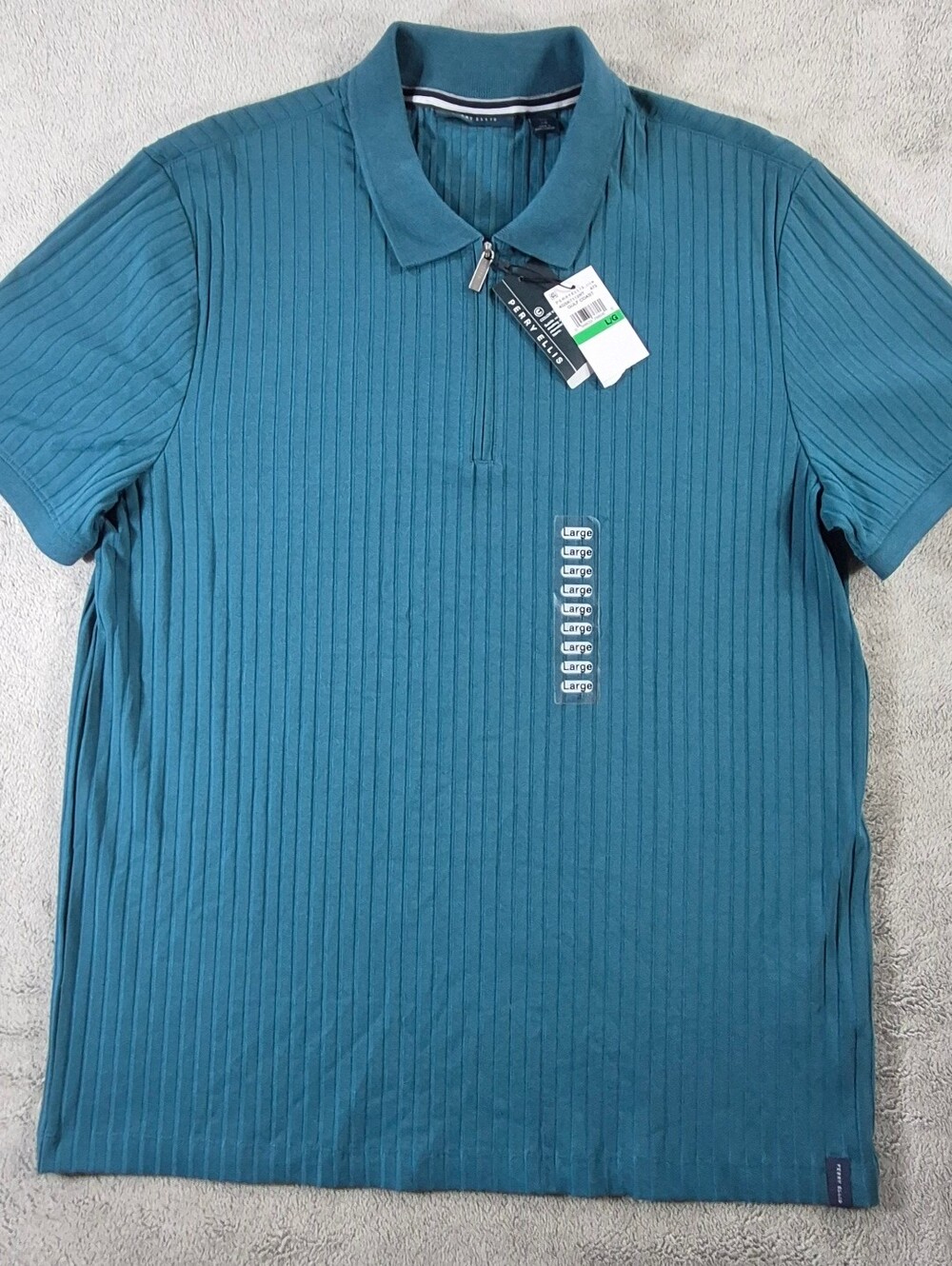 Perry Ellis Teal Ribbed Short-Sleeve Polo with Zip Placket